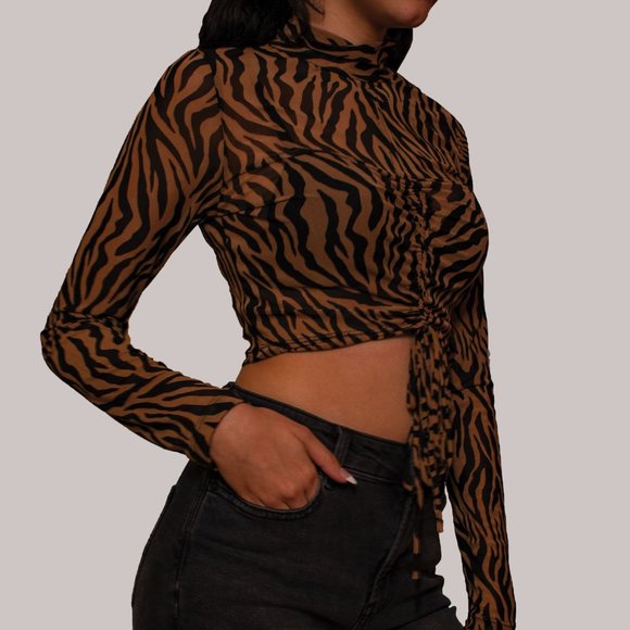 Zimbabwe long sleeve mesh brown zebra print drawstring crop top - Picture 3 of 3